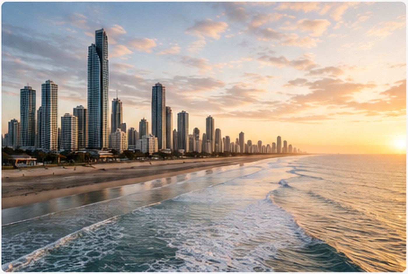 Gold Coast skyline and beach at sunset